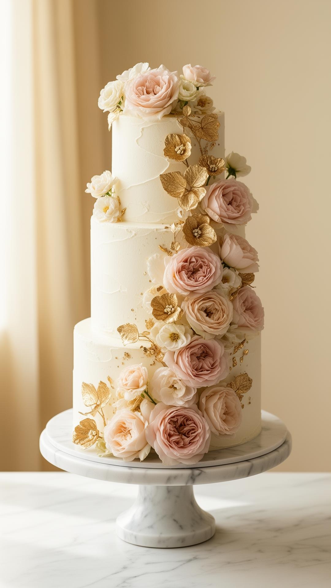 Three-tier white buttercream cake with cascading blush florals and gold leaf